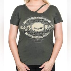 Harley Davidson Womens XL Olive Green Skull Graphic Cutout Neck T-Shirt